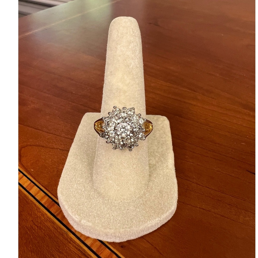 Vintage 18KT HGE Gold Plated Crystal Cluster Cocktail Ring Size 6